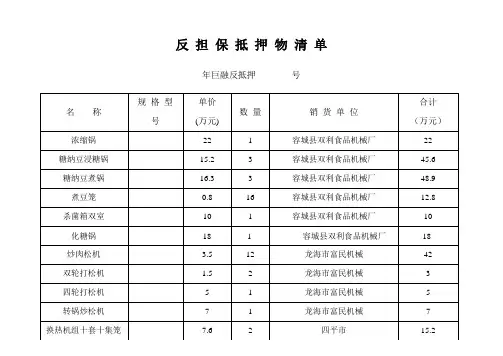 反担保抵押物清单(设备)合计