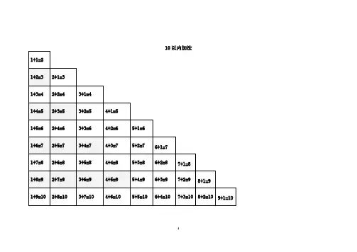 一年级20以内加减法口算记忆表