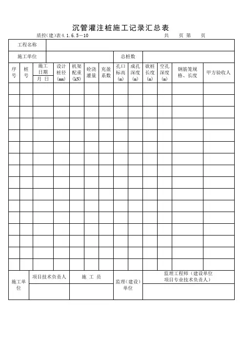 静压沉管灌注桩施工记录汇总表