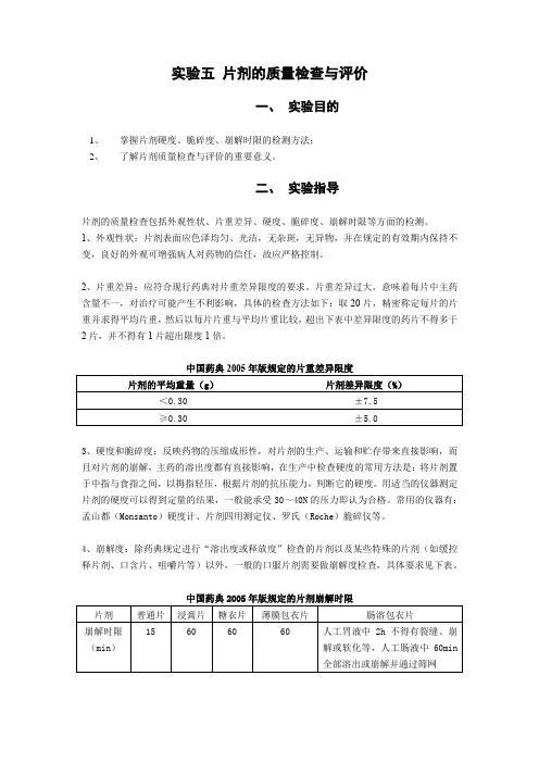 实验五 六 片剂的质量检查和溶出