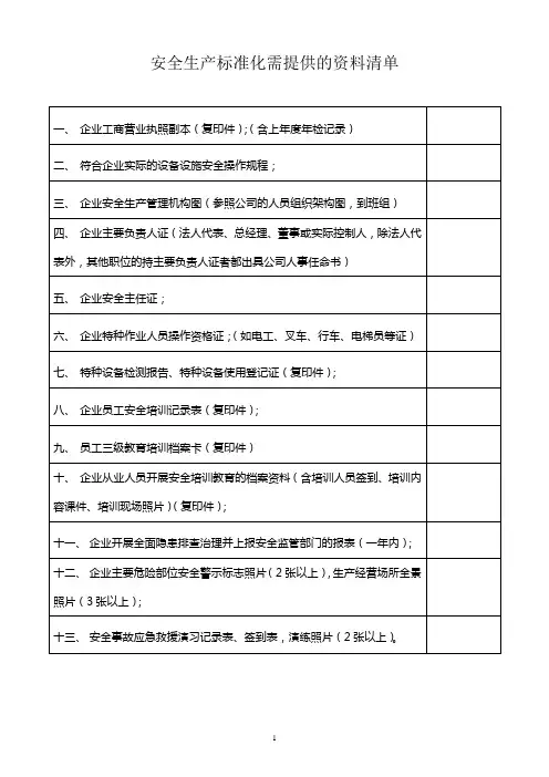安全生产标准化企业需提供的资料清单