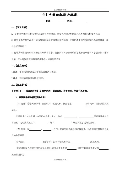 九年级下册道德与法治 第四课 与世界共发展   第一节：中国的机遇与挑战  学案精编  (部编人教版)