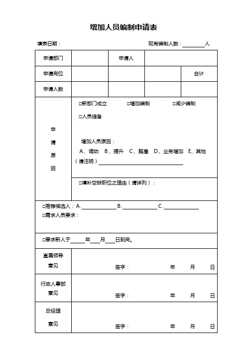 人员编制增加申请表