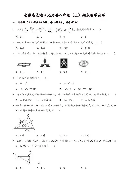 2019-2020年芜湖市无为县八年级上册期末数学试题(有答案)