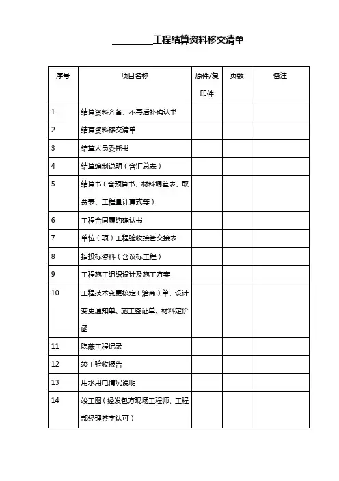 工程结算资料移交清单资料清单