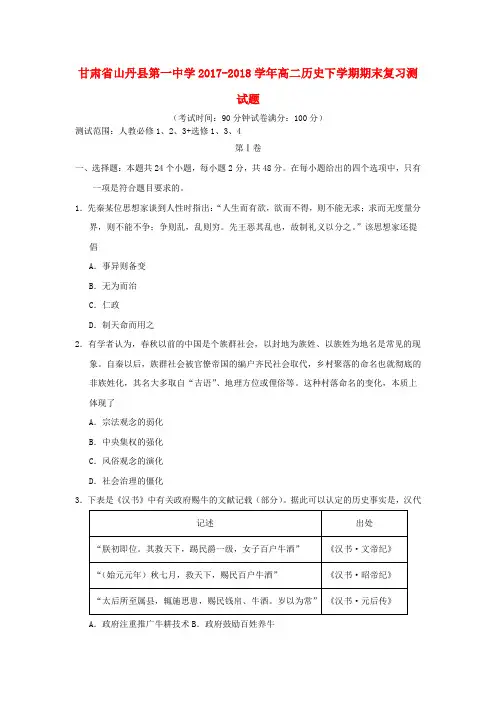 高二历史下学期期末复习测试题
