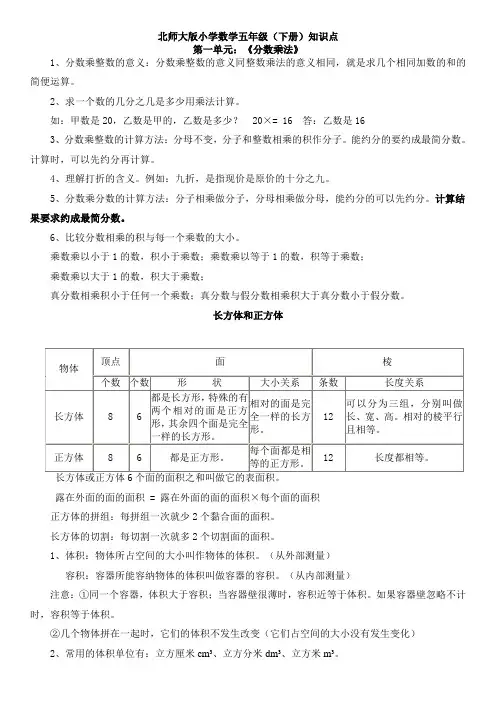 北师大版小学数学五年级(下册)知识点整理上课讲义