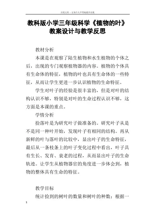 教科版小学三年级科学植物的叶教案设计与教学反思