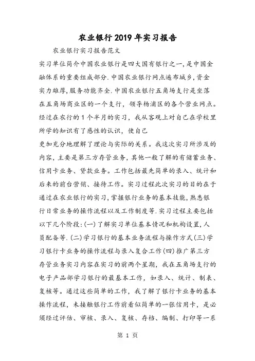 农业银行2019年实习报告