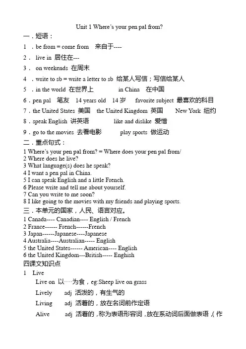 Unit 1 Where’s your pen pal from知识点及作文