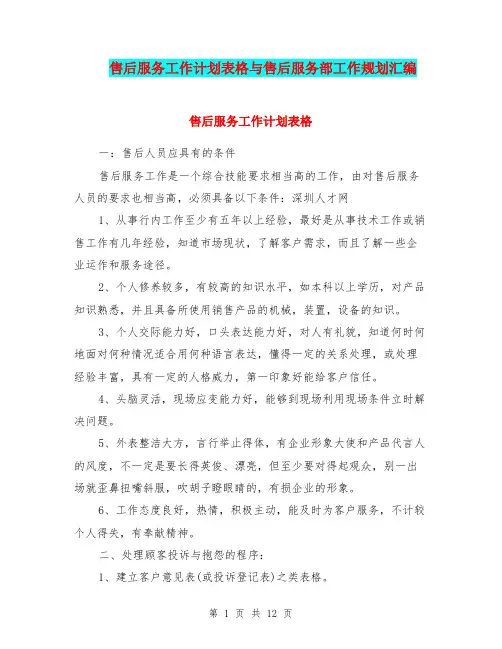 售后服务工作计划表格与售后服务部工作规划汇编.doc