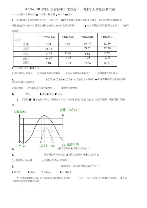 2019-2020学年山西省晋中市地理高二下期末学业质量监测试题含解析