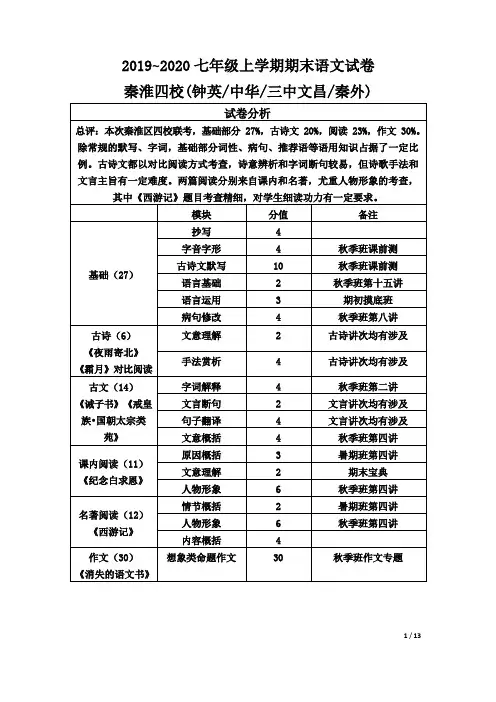 南京市秦淮区2019-2020学年七年级上学期期末语文试卷(含答案)