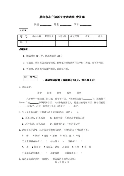 眉山市小升初语文考试试卷 含答案