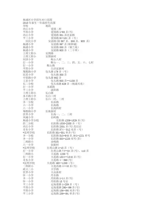 杨浦区小学招生对口范围