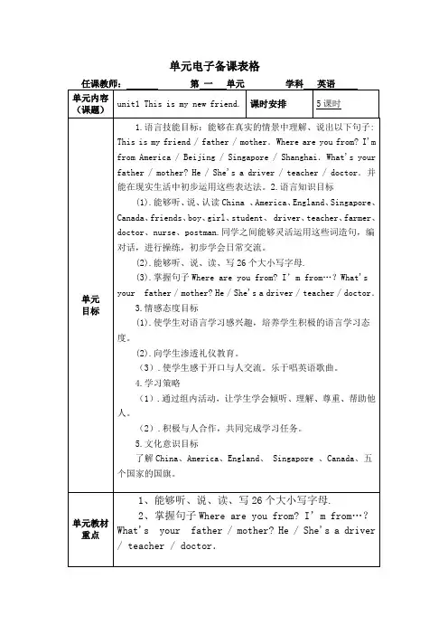 四年级上册英语全册备课教案