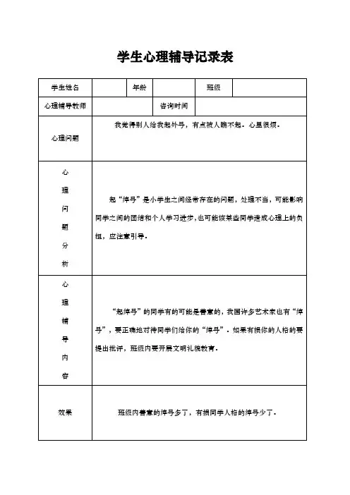 小学心理咨询心理疏导记录表
