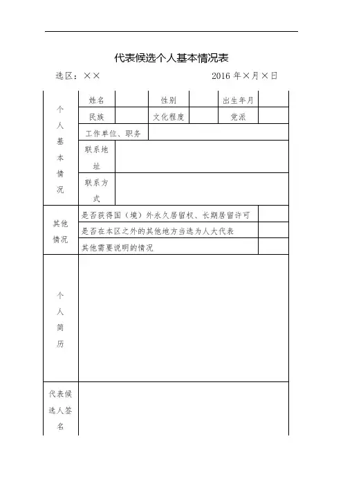 代表候选个人基本情况表