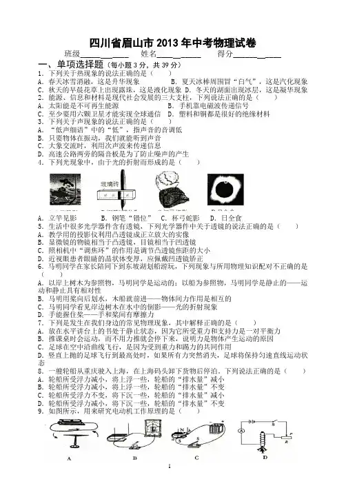 2013年眉山市中考物理试题(word版有答案)