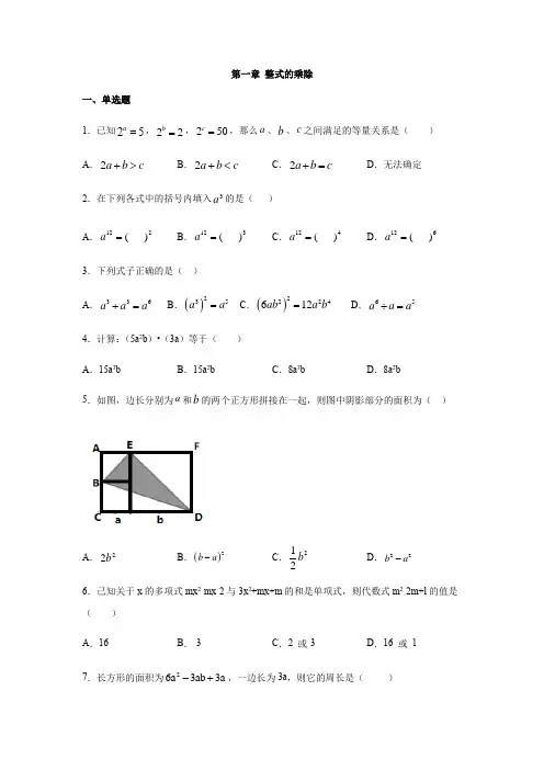 北师大版七年级数学下册第一章 整式的乘除练习(含答案)
