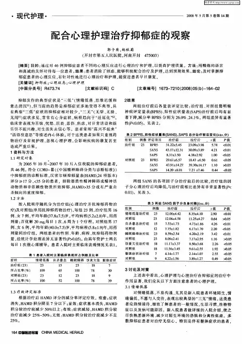 配合心理护理治疗抑郁症的观察