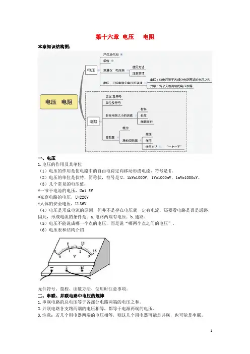 九年级物理全册第十六章电压电阻知识点总结新版新人教版