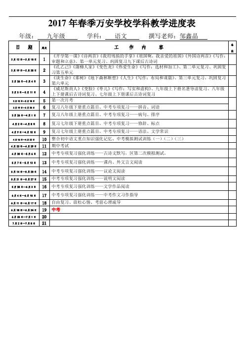 2017年春季万安学校九年级语文学科教学进度表(邹鑫晶)