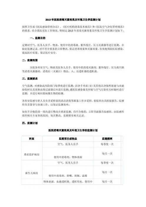 2013年医院消毒灭菌效果及环境卫生学监测计划