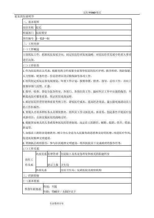 医院岗位职责说明书最全版