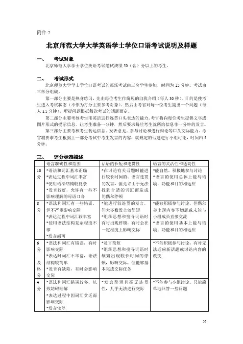 北京师范大学大学英语学士学位口语考试说明及样题