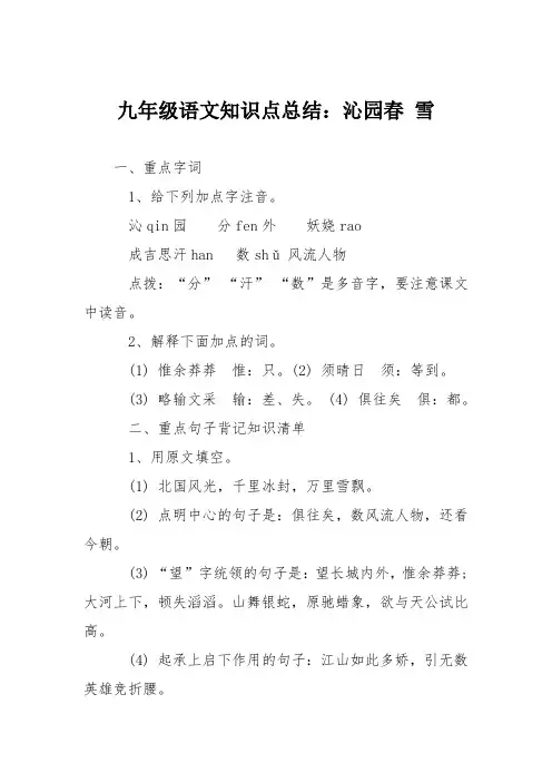 九年级语文知识点总结：沁园春 雪