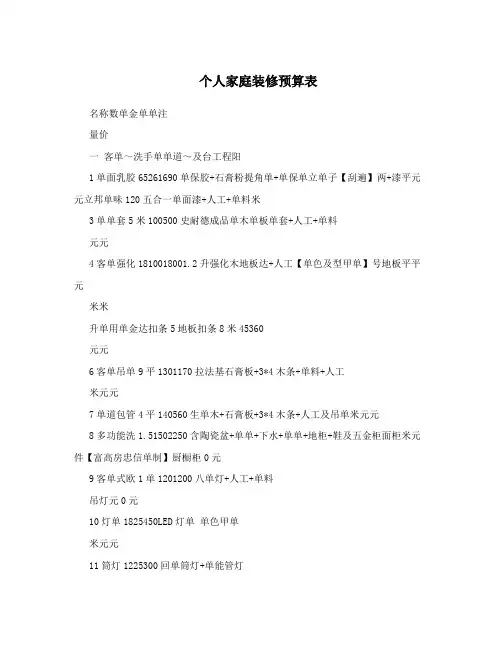 个人家庭装修预算表