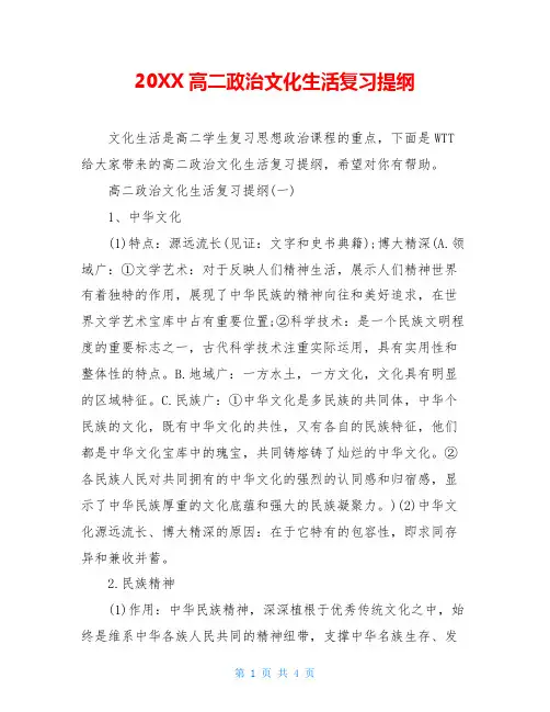20XX高二政治文化生活复习提纲
