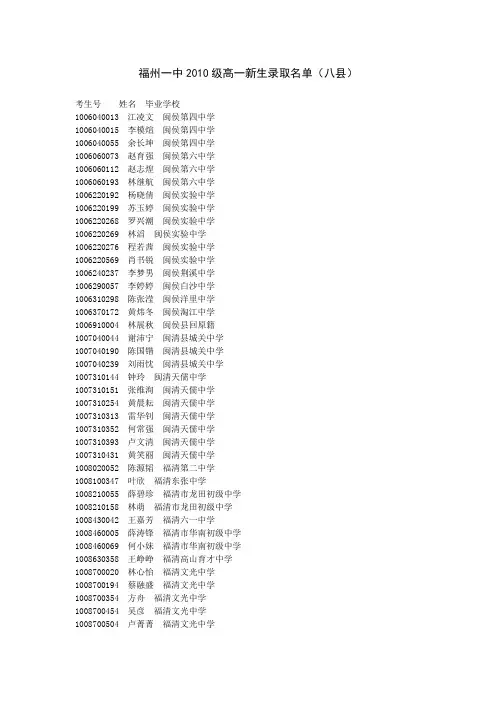 福州一中2010级高一新生录取名单(八县)