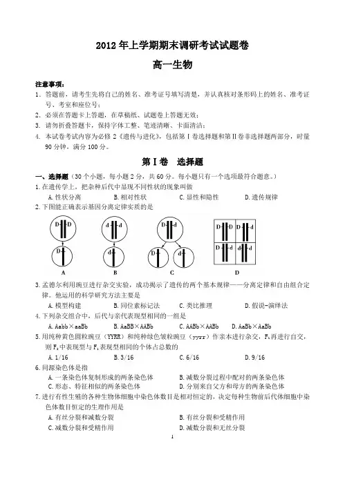 生物必修二期末考试试题