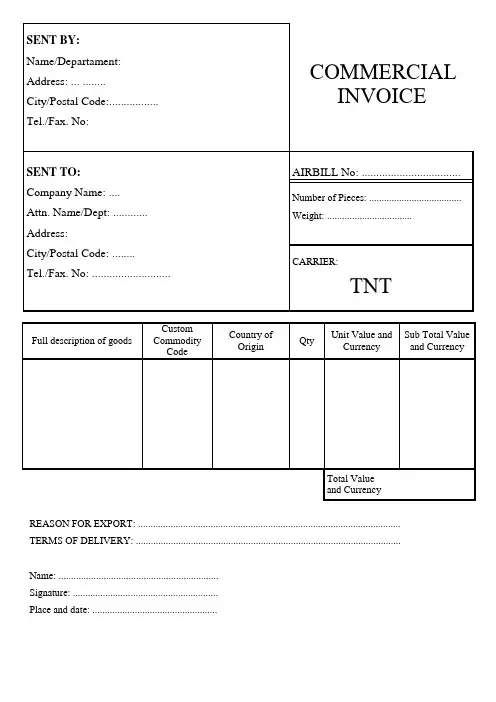 商业发票样本(Commercial Invoice)