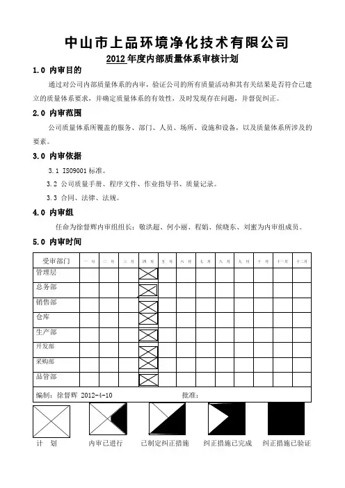 年度内部质量体系审核计划