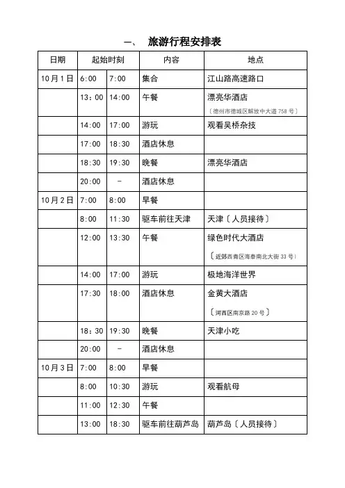 旅游行程安排表
