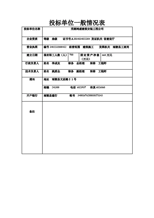 投标单位一般情况表