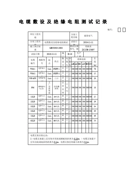 电缆绝缘电阻测试记录表