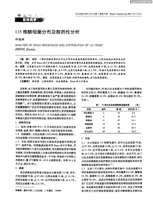 115株酵母菌分布及耐药性分析