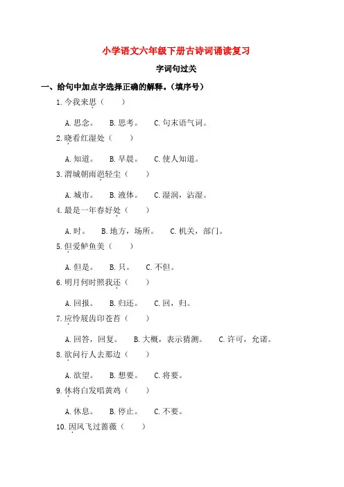 部编人教版六年级语文下 古诗词诵读复习