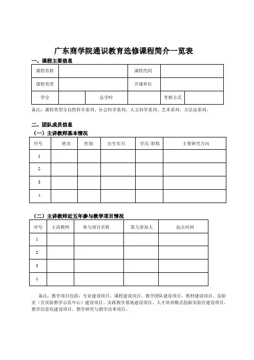 广东商学院通识教育选修课程简介一览表