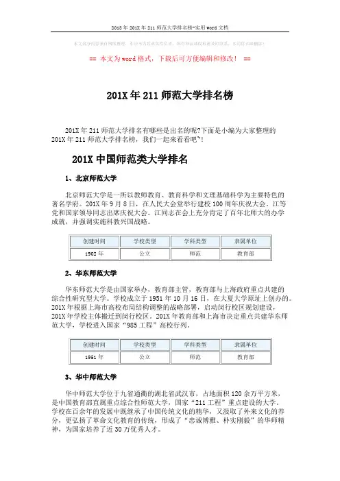 2018年201X年211师范大学排名榜-实用word文档 (6页)