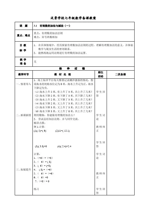 山东省潍坊高新技术产业开发区浞景学校青岛版七年级上册数学教案第三章 第一节 有理数的加法与减法