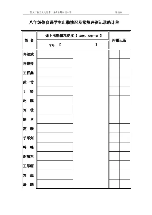 八年级体育课学生出勤情况及常规评测记录统计单