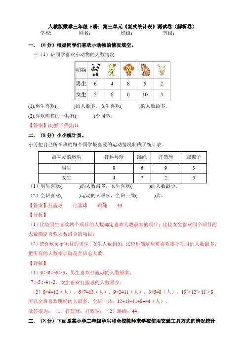新人教版数学三年级下册：第三单元《复式统计表》测试卷(解析卷)