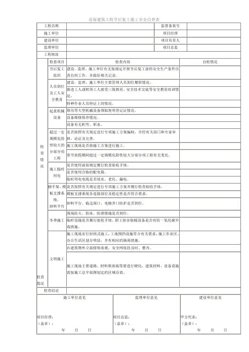 房屋建筑工程节后复工施工安全自查表