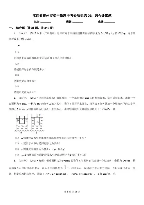 江西省抚州市初中物理中考专项训练09：综合计算题