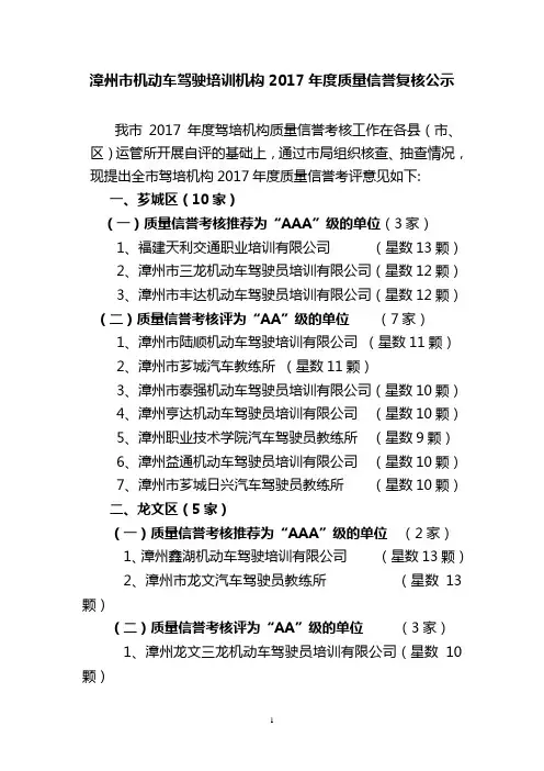 漳州市机动车驾驶培训机构2017年度质量信誉复核公示